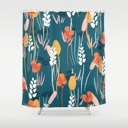 Spring wild flower seamless pattern in bright colours on green background. Abstract flower field hand drawn illustration.  Shower Curtain
