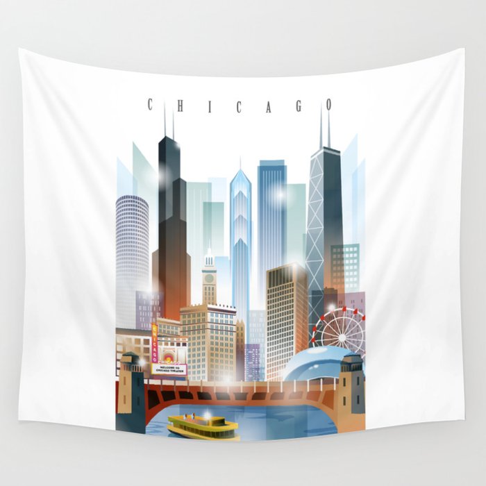 Chicago City Skyline Painting Wall Tapestry By Uniquedrawing