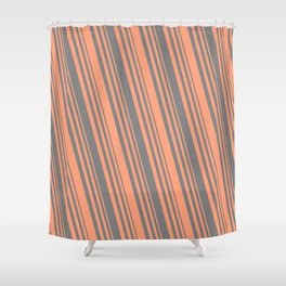 [ Thumbnail: Grey and Light Salmon Colored Lined Pattern Shower Curtain ]