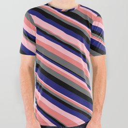 [ Thumbnail: Eye-catching Pink, Light Coral, Dim Grey, Black, and Midnight Blue Colored Stripes Pattern All Over Graphic Tee ]