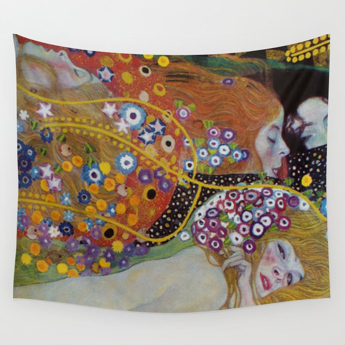 Gustav Klimt - The Mermaids II with poppies oceanic / floral portrait painting Wall Tapestry
