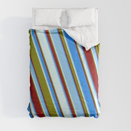 [ Thumbnail: Vibrant Blue, Light Sky Blue, Light Cyan, Green & Dark Red Colored Lined/Striped Pattern Comforter ]