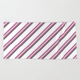 [ Thumbnail: Hot Pink, Dim Grey & White Colored Pattern of Stripes Beach Towel ]