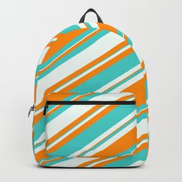 [ Thumbnail: Mint Cream, Dark Orange & Turquoise Colored Lined/Striped Pattern Backpack ]