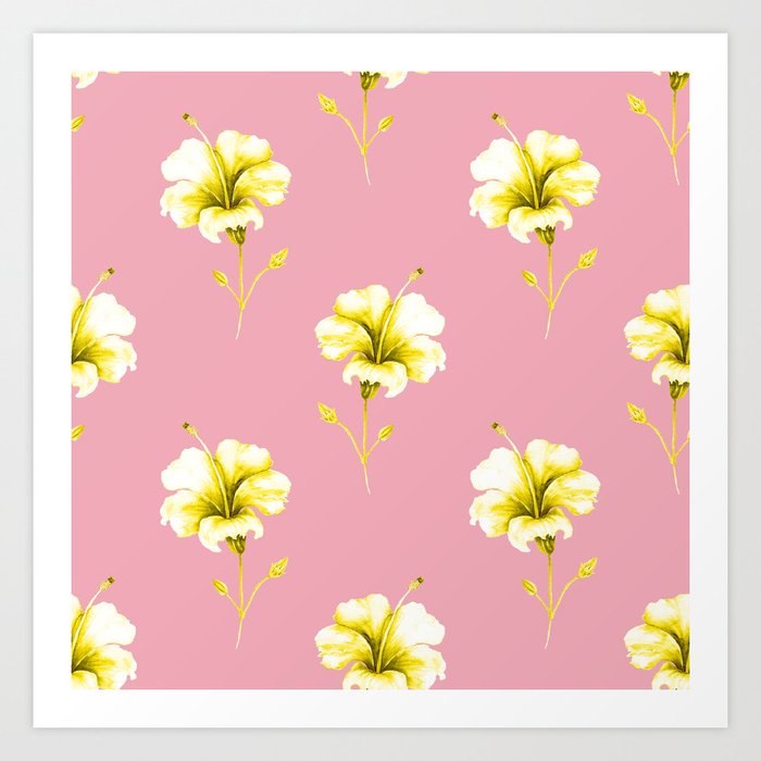 Yellow Hibiscus Pattern on Pink Background Art Print
