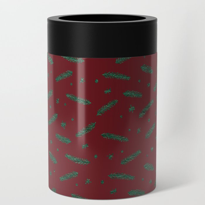 Christmas branches and stars - burgundy and green Can Cooler