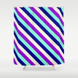 [ Thumbnail: Dark Violet, Aquamarine, Dark Blue & Beige Colored Lines Pattern Shower Curtain ]
