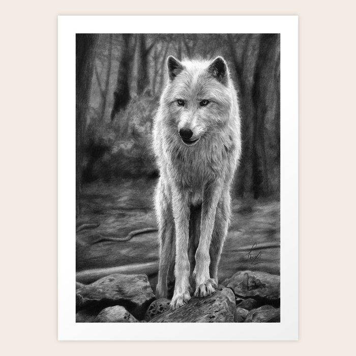 White wolf in the forest art print White wolf in the forest art print