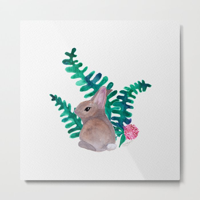 Spring Rabbits with Gold Clover Metal Print