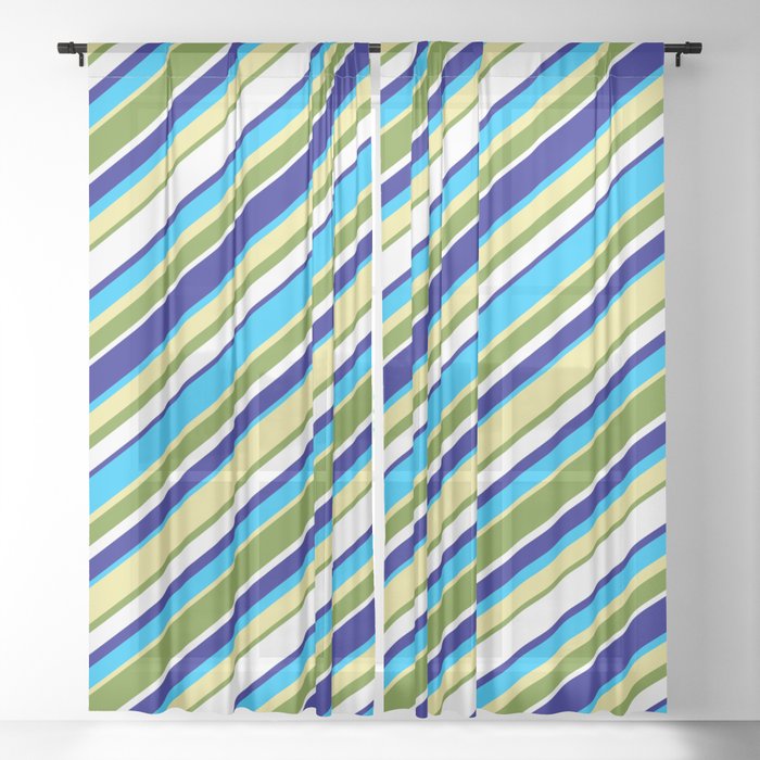 Colorful Blue, Deep Sky Blue, Tan, Green & White Colored Lined Pattern Sheer Curtain