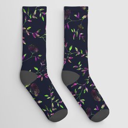 Neon foliate seamless pattern on dark background. Socks