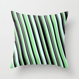 [ Thumbnail: Dim Grey, Black, Light Cyan, and Light Green Colored Striped Pattern Throw Pillow ]