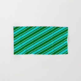 [ Thumbnail: Dark Turquoise and Dark Green Colored Lined Pattern Hand & Bath Towel ]