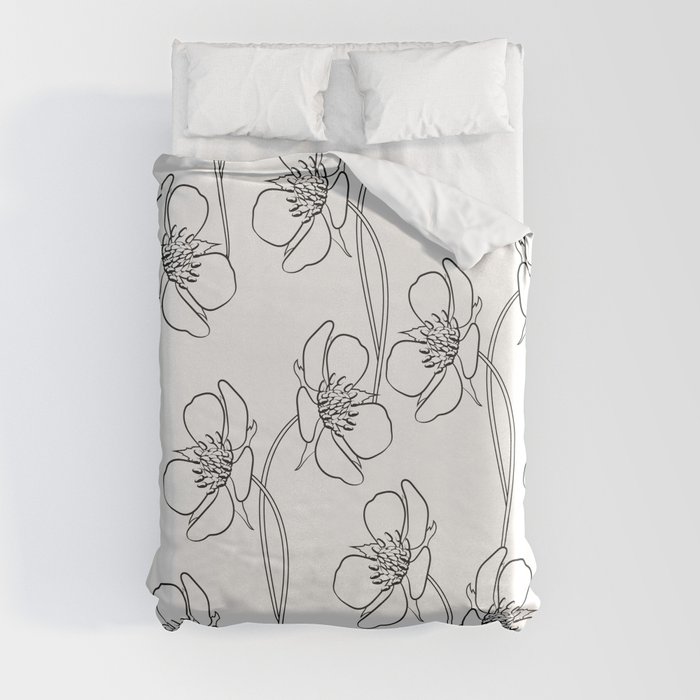 Strawberry flowers in seamless background. Black and white drawing. Duvet Cover