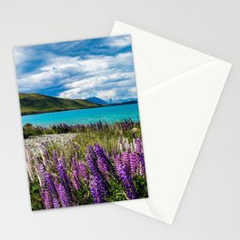 New Zealand Photography - Field Of Lupin Flowers By The Crystal Water Stationery Card