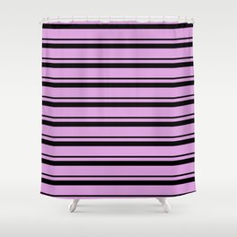 [ Thumbnail: Black and Plum Colored Lined/Striped Pattern Shower Curtain ]