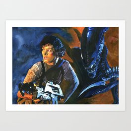 Ripley and the Alien - Aliens, Xenomorph Sci Fi Original Painting, Acrylic on Canvas Art Print