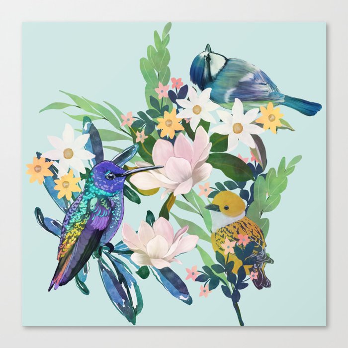 Watercolor Spring Flowers Birds Pattern Canvas Print