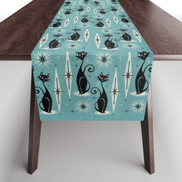 Mid Century Meow Retro Atomic Cats on Blue Table Runner | Blue, Starbursts, Atomic, Midcentury, Diamonds, Black, Curated, Cats, Retro, Catlover 