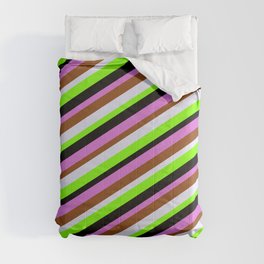 [ Thumbnail: Colorful Orchid, Brown, Lavender, Chartreuse & Black Colored Stripes Pattern Comforter ]