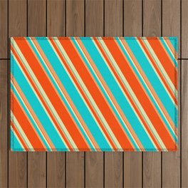 [ Thumbnail: Pale Goldenrod, Dark Turquoise, Brown, and Red Colored Lines/Stripes Pattern Outdoor Rug ]