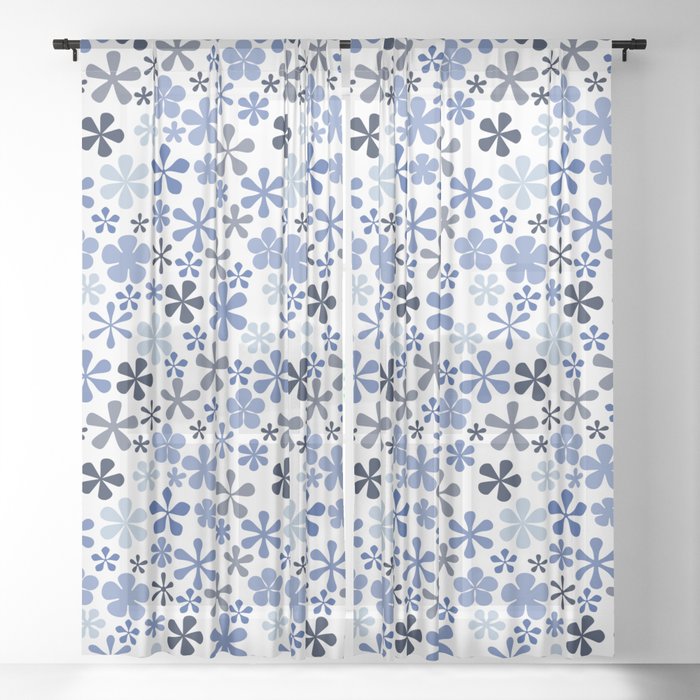 navy blue and white eclectic daisy print ditsy florets Sheer Curtain