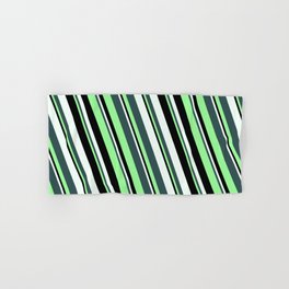[ Thumbnail: Dark Slate Gray, Green, Black & Mint Cream Colored Stripes/Lines Pattern Hand & Bath Towel ]