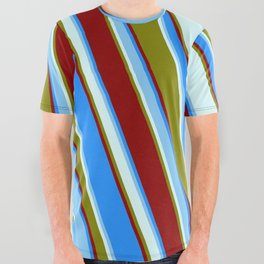 [ Thumbnail: Vibrant Blue, Light Sky Blue, Light Cyan, Green & Dark Red Colored Lined/Striped Pattern All Over Graphic Tee ]