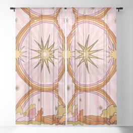 Hippie pink rainbow and sun, abstract landscape Sheer Curtain