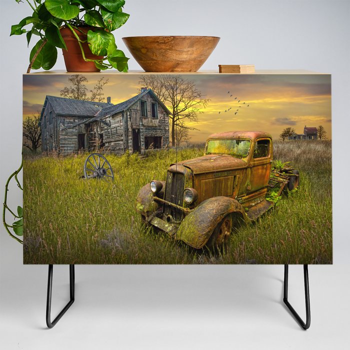 Abandoned Pickup Truck and Farm House at Sunset in a Rural Landscape Credenza