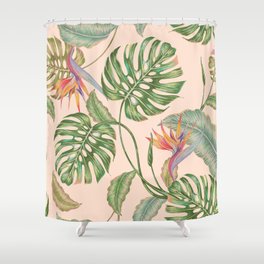 Floral seamless vintage tropical pattern background with exotic flowers, jungle leaves, monstera plant leaf, strelitzia, bird of paradise flower. Vintage botanical gentle illustration in Hawaiian style Shower Curtain
