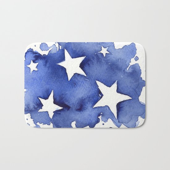 Stars Abstract Blue Watercolor Geometric Painting Bath Mat