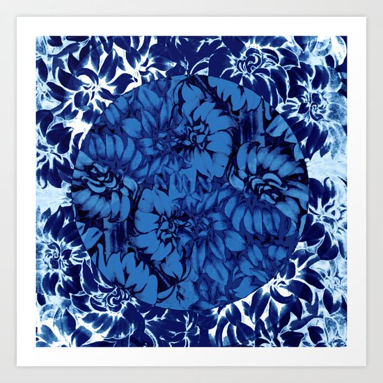 blue floral circle on blue floral Art Print