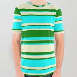 [ Thumbnail: Light Yellow, Green, and Aqua Colored Lined Pattern All Over Graphic Tee ]
