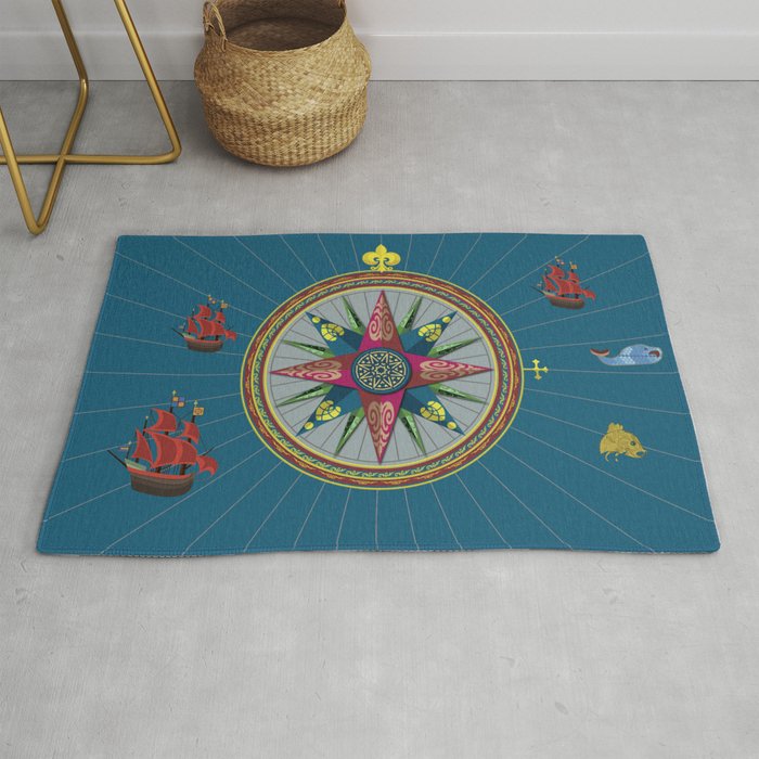 Antique Naval Sea Map Wind rose Compass Sail Ships Rug by annaMeL