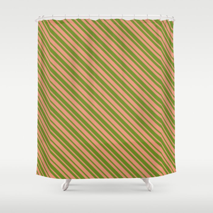 Dark Salmon and Green Colored Lined Pattern Shower Curtain