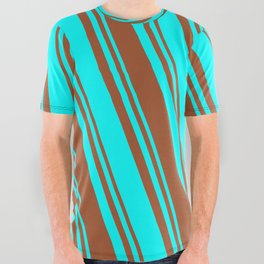 [ Thumbnail: Sienna & Cyan Colored Striped/Lined Pattern All Over Graphic Tee ]