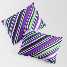 [ Thumbnail: Vibrant Dark Violet, Lavender, Black, Light Green & Midnight Blue Colored Lines Pattern Pillow Sham ]