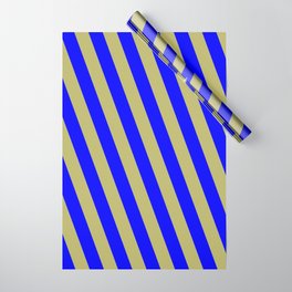 [ Thumbnail: Dark Khaki and Blue Colored Pattern of Stripes Wrapping Paper ]