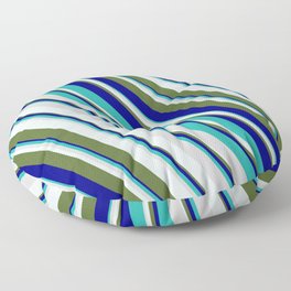 [ Thumbnail: Blue, Light Sea Green, Light Gray, Light Cyan & Dark Olive Green Colored Pattern of Stripes Floor Pillow ]