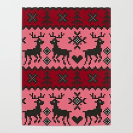 reindeer pattern red and black color cute winter christmas pixel style pattern Poster