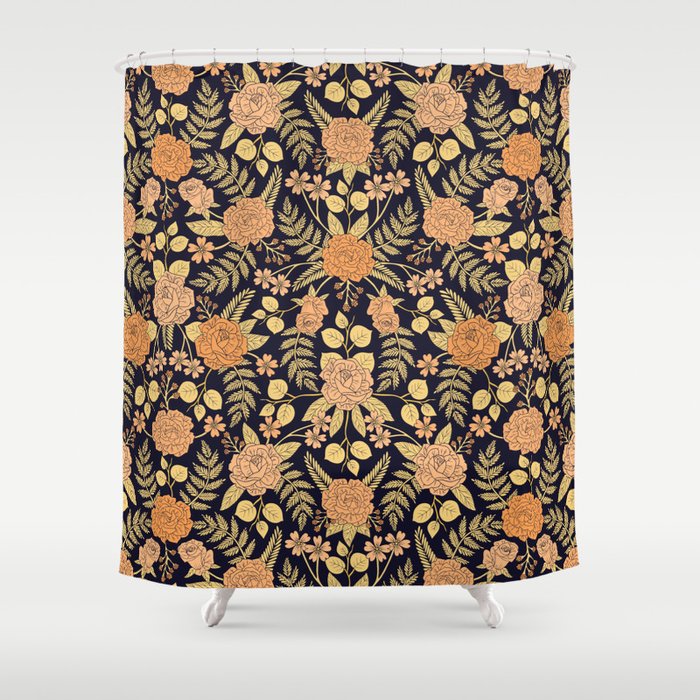 Peach Pale Orange Yellow Dark Navy Blue Floral Pattern Shower