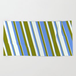 [ Thumbnail: Mint Cream, Green & Cornflower Blue Colored Striped/Lined Pattern Beach Towel ]