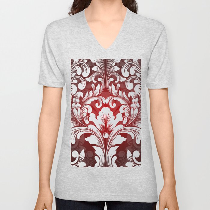 White & Red Color  Gradient Funar & Floral  Design V Neck T Shirt