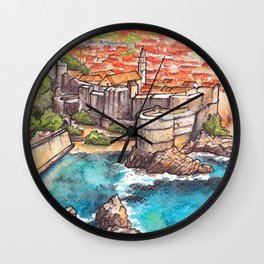 Dubrovnik Croatia ink & watercolor illustration Wall Clock