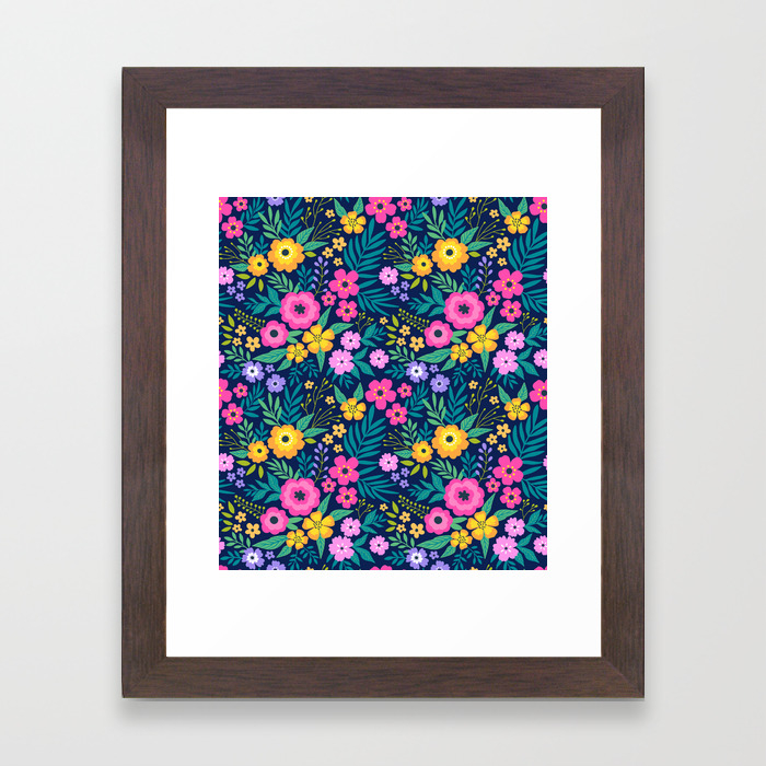 23 Amazing Floral Pattern With Bright Colorful Flowers Dark Blue Background Framed Art Print