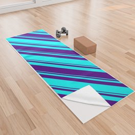 [ Thumbnail: Aqua & Indigo Colored Lined/Striped Pattern Yoga Towel ]