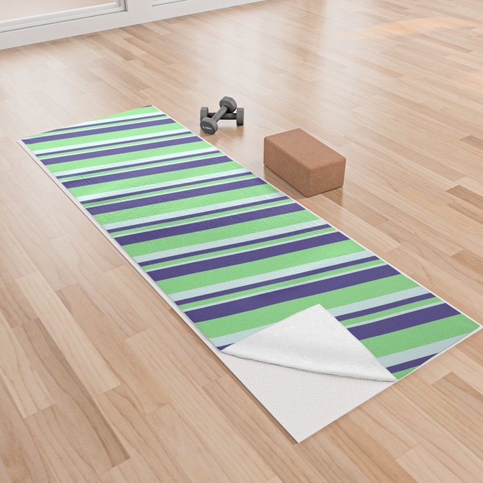 Dark Slate Blue, Light Green & Light Cyan Colored Lined Pattern Yoga Towel