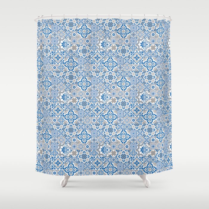 Blue and Gray Heritage Vintage Traditional Moroccan Zellij Zellige Tiles Style Shower Curtain