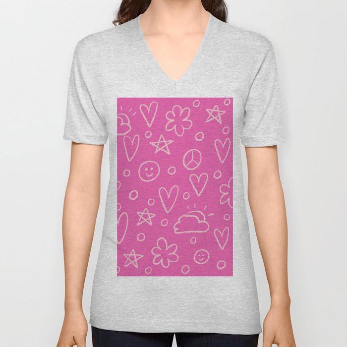 Girly Whiteboard Doodles - Sweet Pink V Neck T Shirt